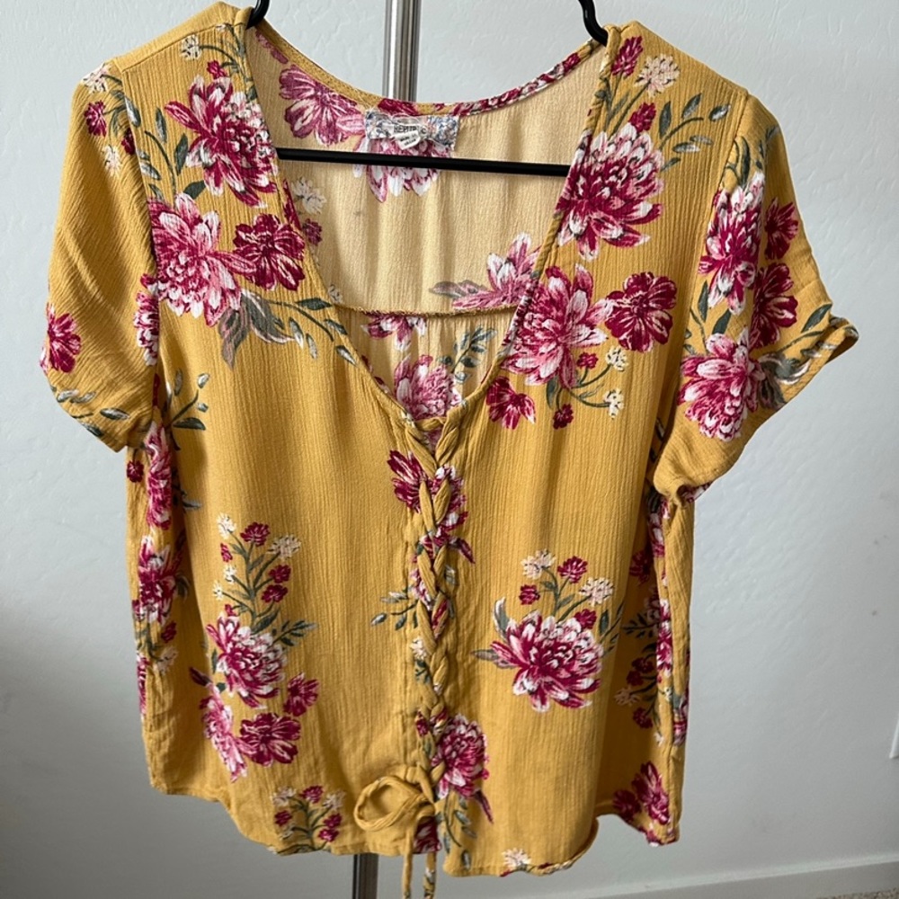 Yellow pink floral blouse